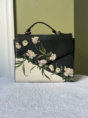 Ted Baker Black or Navy Blue & Cream Floral Top Handle Satchel with Green Leaves